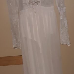 Sequins white lace shear long sleeve long dress